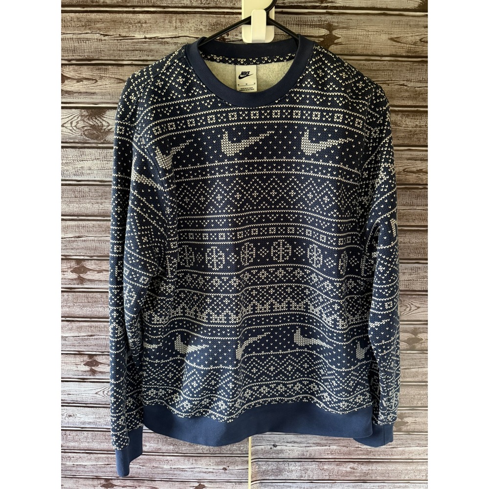 Nike Men's Fair Isle Holiday Crewneck Sweatshirt Navy Blue White Size M Swoosh